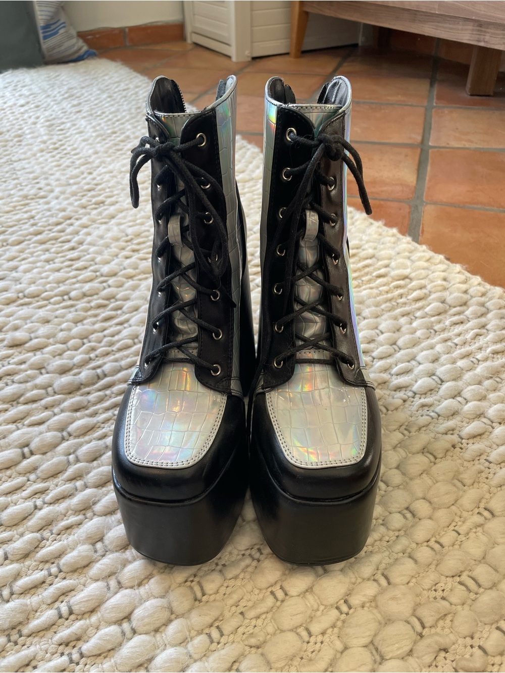 Holographic Platform Lace-Up Boots - Black